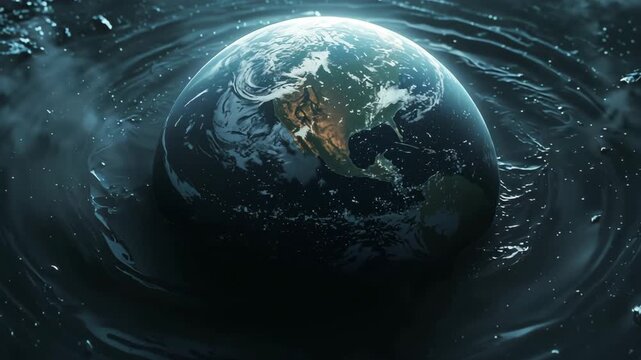 Planet Earth surrounded by swirling water forming circular waves and ripples against dark cosmic background