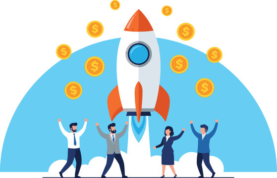 Startup Team Launching Rocket with Money Coins Success Growth Profit Business Victory Innovation Celebration Vector Illustration