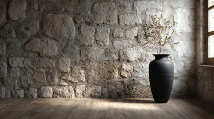 Tall dark ceramic vase holding small branches rests on wooden floor against rough stone wall