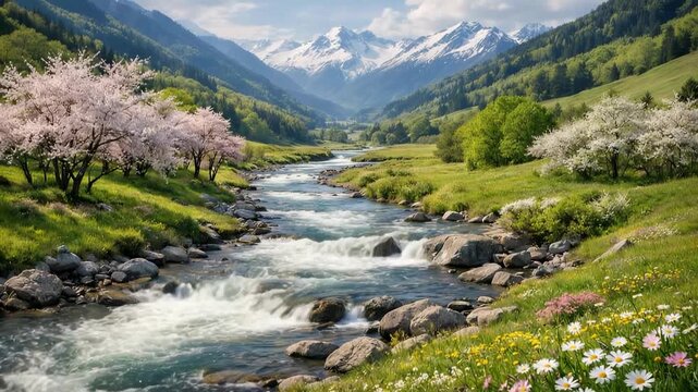 Blooming spring valley with flowing river snow mountains and wildflowers under clear blue sky