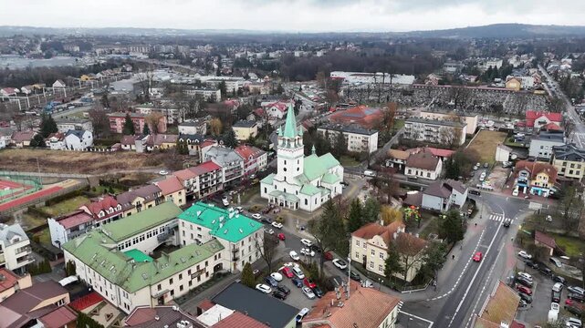 Drone Flight Over Saints Simon and Jude Thaddeus Church in Skawina, Poland &ndash; 21s Aerial View