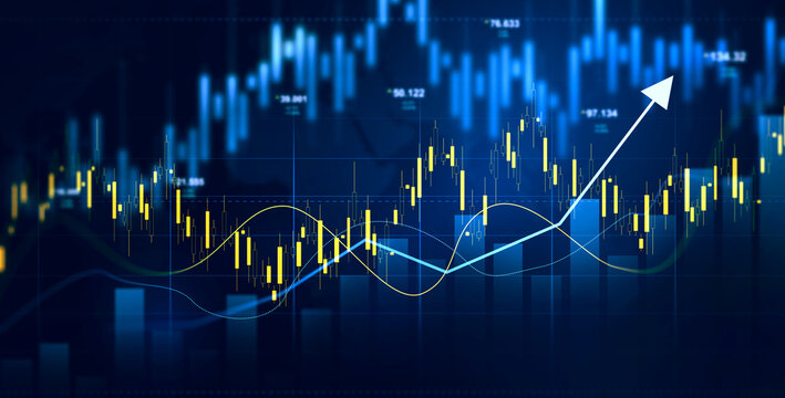 Business financial chart with moving up arrow graph.Financial data charts with glowing stock market graphs.Stock market investment data and analysis finance graph.	
