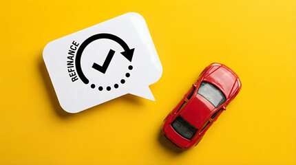 Fototapeta premium Car Refinance Concept: Toy Car and Speech Bubble with Checkmark and Arrows