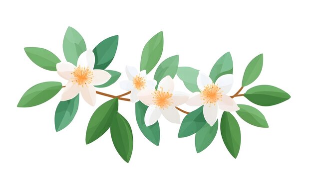A charming and fresh illust n featuring a botanical branch with beautifully detailed white flowers their orange centers prominent surrounded by lush green foliage