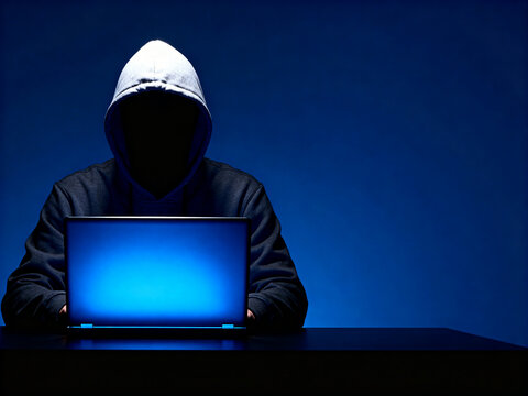 A masked criminal person uses a laptop and pc for cyber hacking and data theft to steal private business information and commit internet fraud crime