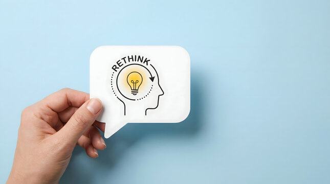 Hand holding speech bubble with "Rethink" text and lightbulb idea icon, representing innovation and new thinking.