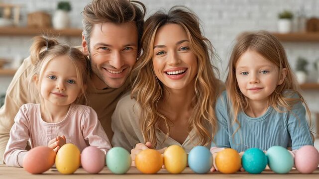 Happy family with children painting colorful easter eggs at home celebration. High quality FullHD footage