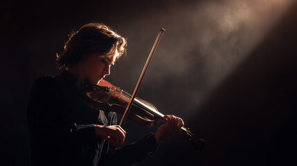 Fototapeta premium young male classical violinist playing violin under spotlight on dark stage, professional musician performing emotional solo concert in dramatic lighting