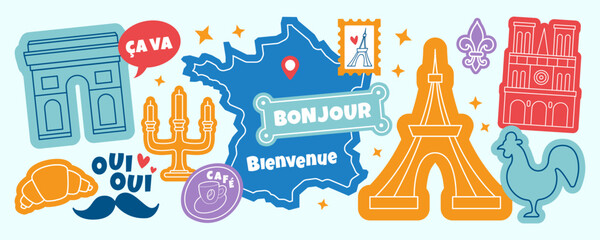 Paris France travel icons collage. Eiffel Tower, Arc de Triomphe, Notre Dame, France map with Bonjour, croissant, Oui Oui text, rooster and fleur de lis illustration © oksanagrytsyuk
