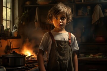 Naklejka premium Young boy looking at camera in a warm, traditional kitchen setting with a roaring fire