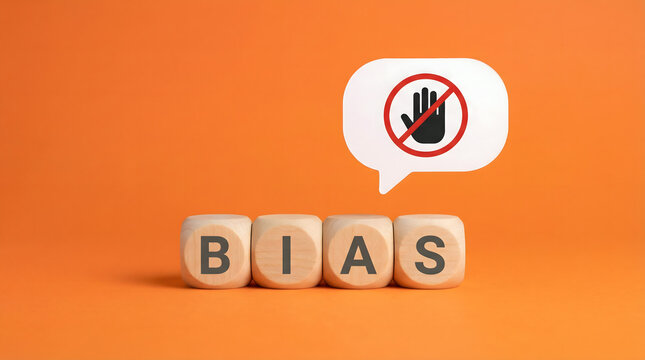 Stop Bias Concept: Wooden Cubes Spell 'Bias' with a No Hand Symbol