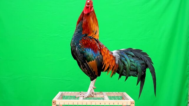 Colorful rooster standing on wooden crate.