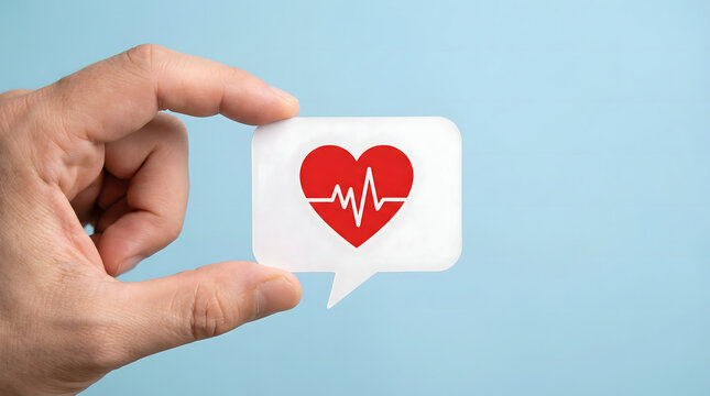 Hand holding speech bubble with red heart and heartbeat line