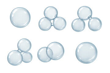 Realistic translucent soap bubbles in various single and clustered arrangements on a transparent background