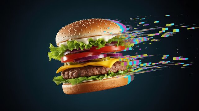 A delicious cheeseburger with lettuce, tomato, onion, and pickles, dissolving into digital glitch pixels on a dark background.