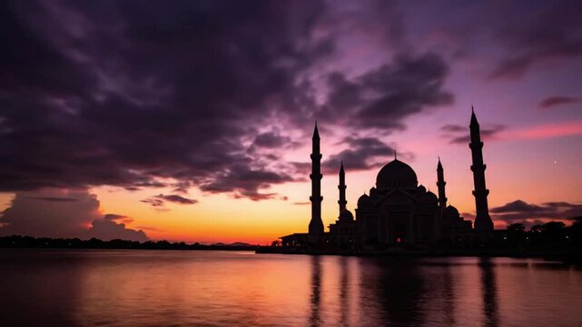 Beautiful sunset view over a large mosque by the water with tall minarets and colorful clouds in the sky