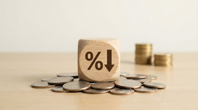 Wooden cube with percent sign and down arrow on coins, symbolizing interest rate reduction or financial loss.