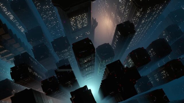 Flying above a city and skyscrapers in a rainy night