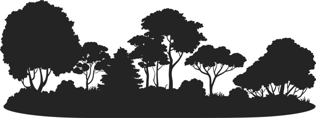 Black forest tree silhouette landscape, nature woodland scene, isolated tree shapes, eco background illustration, minimal outdoor environment design