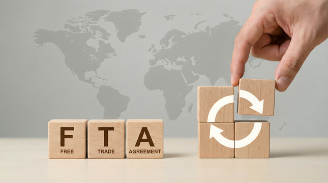 Free Trade Agreement (FTA) concept with world map and recycling arrows on wooden blocks