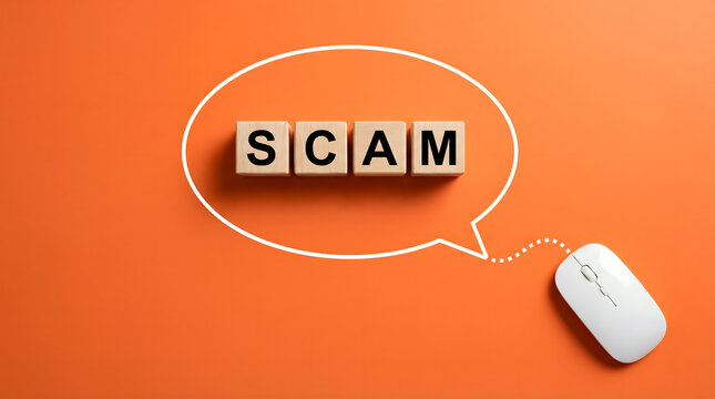 Online Scam Alert: "SCAM" spelled out in wooden blocks inside a speech bubble with computer mouse