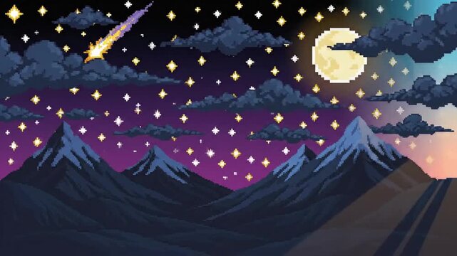 Colorful pixel art landscape with mountains, clouds, sun, and moon during sunset and sunrise times