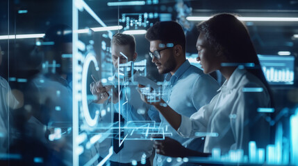 Diverse Business Team Collaborating with AI Technology in Modern Office