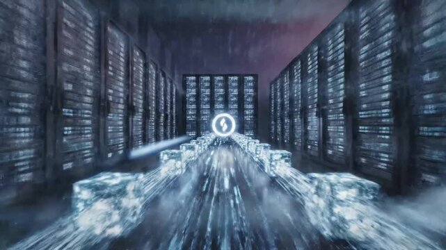 Data transfer occurs in a server room as streams of information move rapidly through networks at high speed