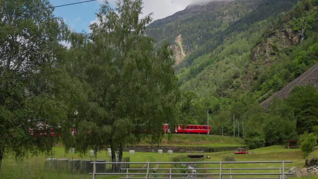 Red Bernina Express train traveling through a green valley with high mountain backdrop