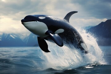 Obraz premium Orca killer whale jumping out of ocean water creating a splash with mountains in background