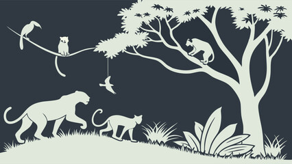 Fototapeta premium Jungle Wildlife Silhouette Scene for Nature Education Materials Tropical Safari Animals Exploring Forest Landscape Design Element