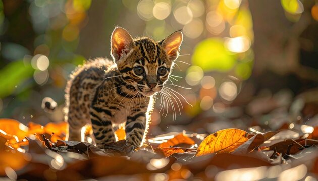 Playful Jaguarundi Kitten Pounces on a Fallen Jungle Leaf, Detailed Photographic Capture