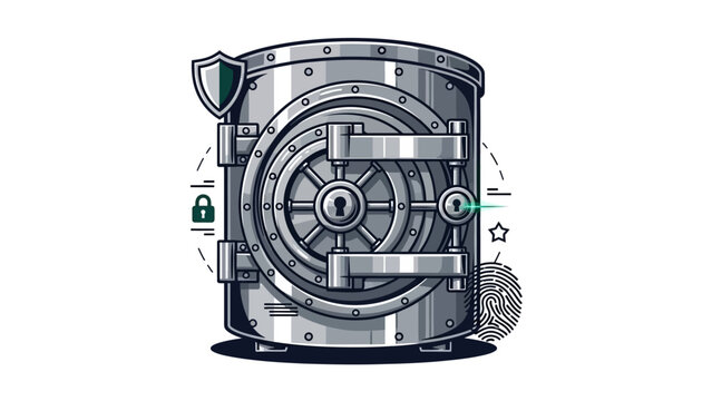 Secure vault door with lock, shield, fingerprint and star icons.