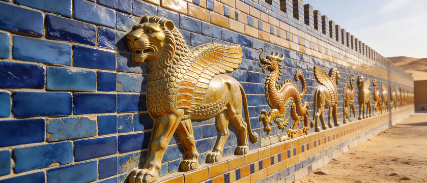 Ancient Assyrian palace wall featuring golden winged lions dragons and bulls on blue glazed bricks. Mesopotamian mythology and heritage symbols for Assyrian New Year festival. Historical architecture