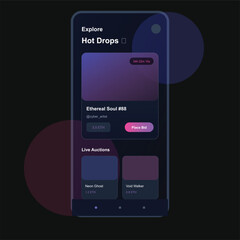"A sleek, dark-themed mobile interface utilizing modern glass morphis and vibrant neon accents in shades of purple and blue. The visual mood is sophisticated, futuristic, and high-tech, evoking a sens © ASRAFUL ISLAM