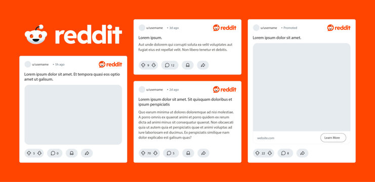 Reddit post mockup template set. Isolated Reddit app editable card template collection on background. Reddit social media, forum publication UI design element. Vector illustration.
