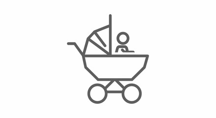 Simple line art icon of a baby in a stroller, representing travel and family.