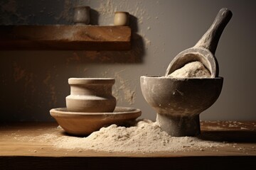 Rustic scene showing flour spilling on a wooden table with ceramic bowls and ladle