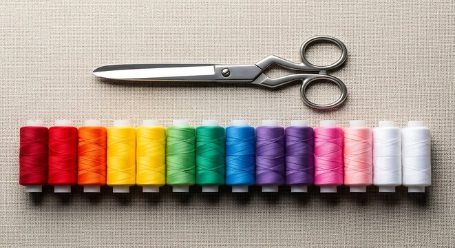Colorful sewing threads and scissors on fabric background