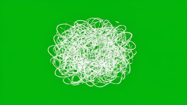 Abstract tangled white scribble on bright green screen background for digital design element and compositing