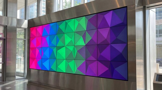 Large colorful geometric video wall display in a modern building lobby.