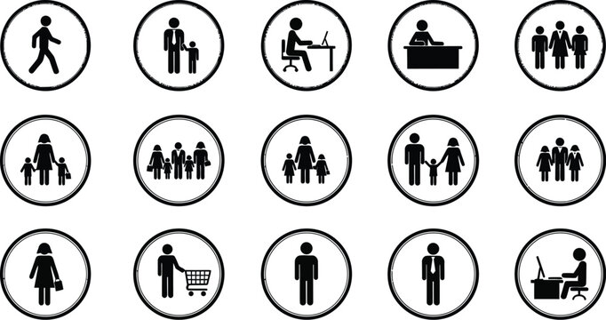 Circular pictogram signs depicting people families and shopping a silhouette