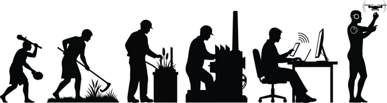 Evolution of humankind depicted through figures from ape to modern man silhouette
