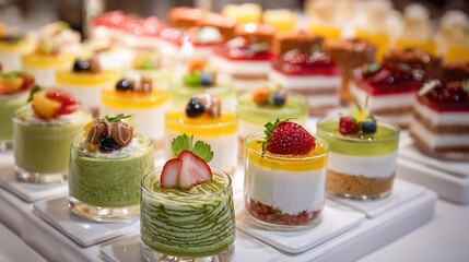 Colorful mini desserts and puddings on a buffet line