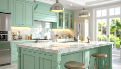 A close-up of a villa kitchen featuring a soft pastel mint green backsplash, white countertops, and modern appliances.