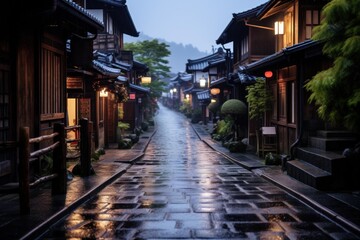 Cobblestone street reflecting lights from traditional houses after rain in a japanese old town