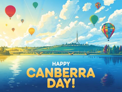 Vibrant illustration of hot air balloons over canberra on a sunny day celebrating canberra day
