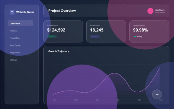 "A sleek, dark-themed admin dashboard interface featuring deep violet and indigo tones. The layout is defined by smooth glass morphis effects, vibrant pink accents, and modern typography. A central li