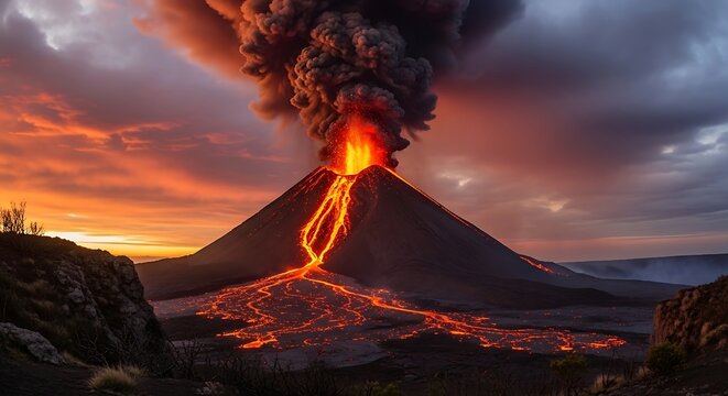Majestic stratovolcano erupts powerfully during twilight casting brilliant orange light across the dramatic landscape with fiery lava flows spreading widely
