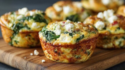 Egg spinach feta bites muffins on wooden board